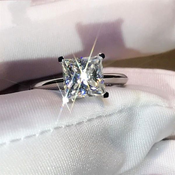 Solitaire Klassischer Vier-Klauen-Luxusschmuck Echt 100 % 925 Sterling Silber Princess Cut Weißer Topas Damen Ehering Ring Geschenk N268j