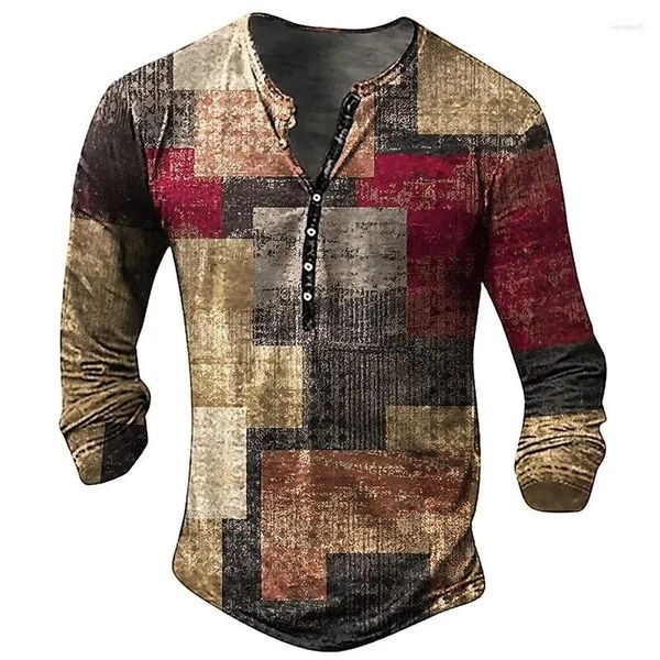 Erkek Tişörtleri Renk Bloğu Henley Patchwork 3D Baskı Sokak Giyim Moda Vintage Uzun Kollu Düğme Gömleği Erkek Tees Üstler