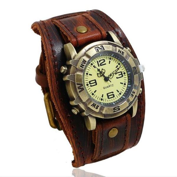 Relógios de pulso vintage retro grande grande pulseira de couro genuíno relógio homens punk quartzo manguito pulseira pulseira relogio masculino256e