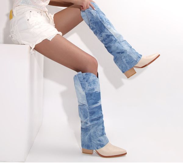 Plissees blaue Denim-Oberschenkelhohe Stiefel für Damen, neue Herbst-Cowboystiefel mit dickem Absatz und spitzer Zehenpartie, Damen-Slip-on-Western-Langstiefel, Größen 35–43