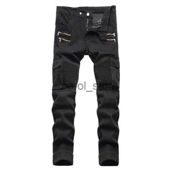 Calças masculinas Bolsos dos homens Carga Biker Jeans Slim Straight Stretch Denim Calças Zíperes Calças Plissadas Preto Exército Verde J231208