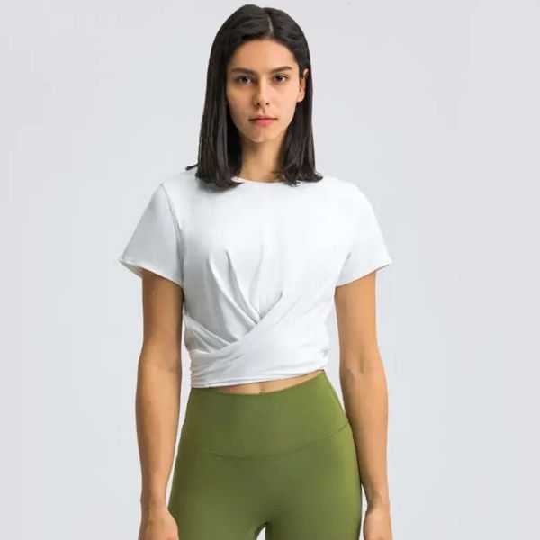 Топы с перекрестным подолом на спине и ласточкиным хвостом, бандажная спортивная футболка для женщин, беговая спортивная одежда Fiess, модная укороченная рубашка для упражнений, 688ss 2023