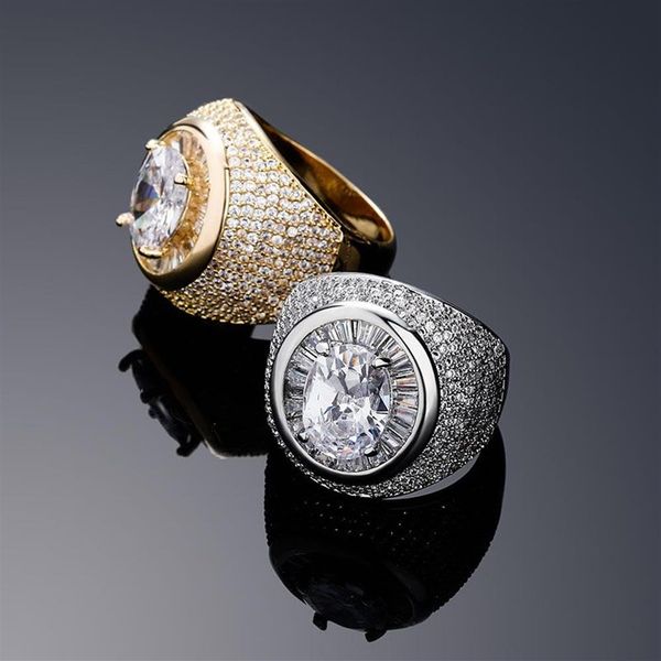 Alta qualidade amarelo branco banhado a ouro bling redondo cz anéis de diamante para homens mulheres bom presente hip hop anel jóias tamanho 6-101899