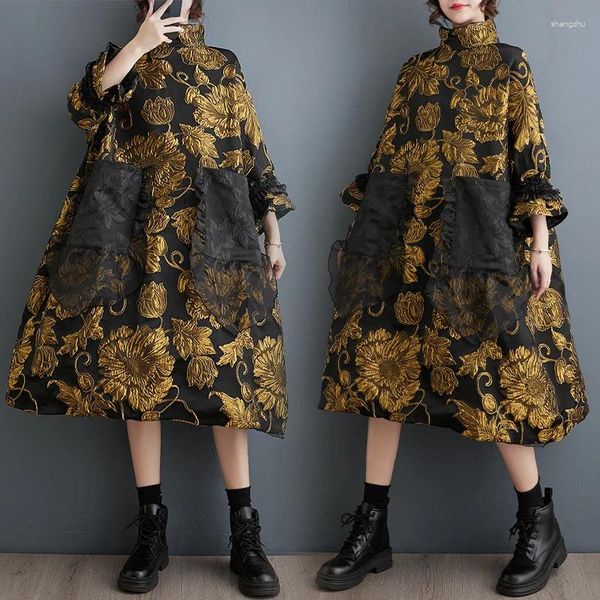 Günlük elbiseler Çin tarzı sahte boyun elbise kadınlar sonbahar kış lüks çift güverte jakard ceket ince tasarım gelişmiş gevşek akşam