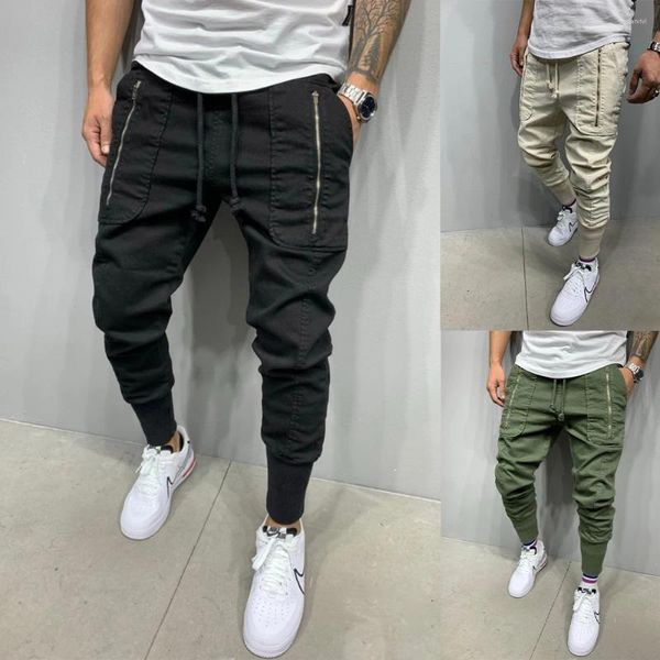 Calças masculinas calças masculinas casual folga esportes clássico figura-mostrando zíper remendo bolsos elásticos elegantes na moda para homens