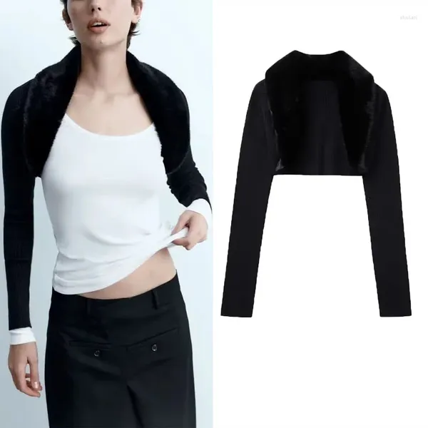 Mulheres malhas mulher gola de pele do falso malha colheita cardigan inverno preto moda frente aberta aquecedores feminino elegante camisola de manga longa