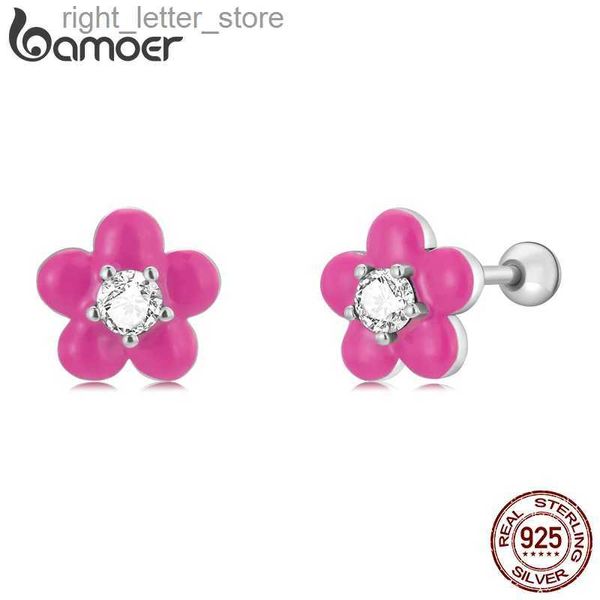 Stud Bamoer 925 Sterling Silver Pink Flower Stud Brincos Florescendo Flores com Brilhante CZ Ear Studs para Mulheres Fine Jewelry Presente YQ231211