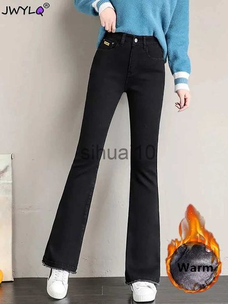 Jeans femininos vintage plush forrado flare jeans mulheres novo inverno quente casual magro vaqueros engrossar estiramento calças jeans cintura alta bell-bottoms j231211