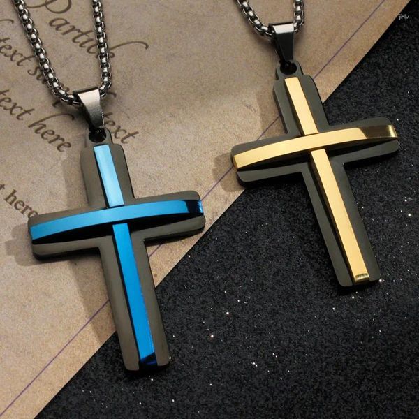 Colares Pingente Design Criativo Cruz Dupla Colar Masculino Aço Inoxidável Jesus Católico Cristão Amuletos Jóias