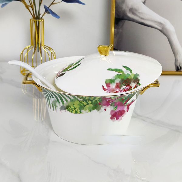 Potes de sopa de designer Phnom Penh com tampa 2L Pote de sopa doméstico Orelha dupla Grande osso China Tigelas de sopa Palácio Pote de porcelana com caixa