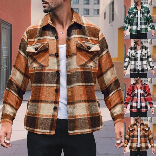 Magliette da uomo Camicia a quadri autunno e inverno Tasca con bottoni Giacca casual a maniche lunghe