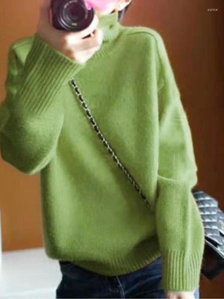 Maglioni da donna Maglione in cashmere a collo alto verde avocado in autunno e inverno Fondo in lana tinta unita imbottito ampio