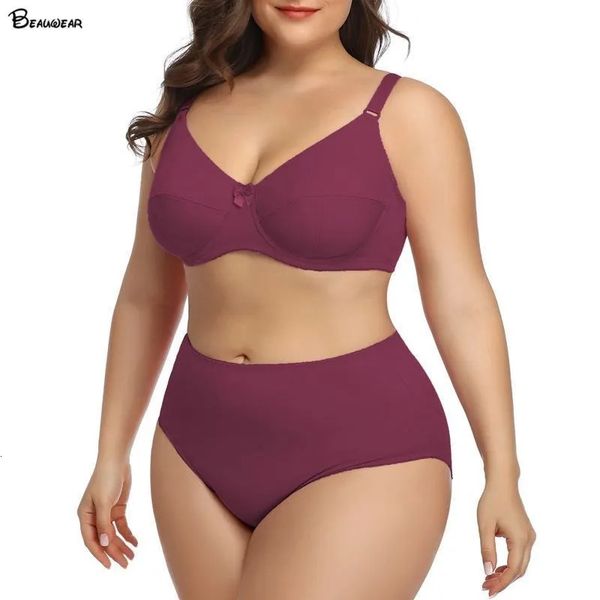 Sexy Set Beauwear 80D 120F Mulheres Plus Size Lingerie Plain Underwear UltraThin Unlined Full Cup Sutiã e Calcinha 231211