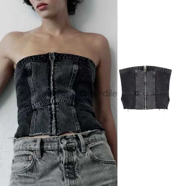 Damen Blusen Shirts TRAF 2023 Denim CropTop Frauen Off Shoulder Tube Top Weiblich Sexy Rückenfreies Bustier Top Frau Streetwear Zip Tank Tops für Frauen YQ231211