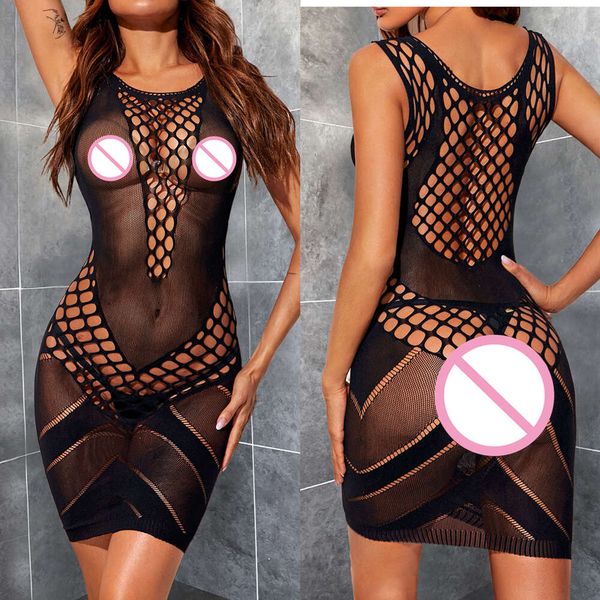 Yeni kadınlar tek parçalı gece kulübü giyim kostümü seksi fishnet perspektif elbisesi erotik örgü içi boş bodycon elbiseler seksi