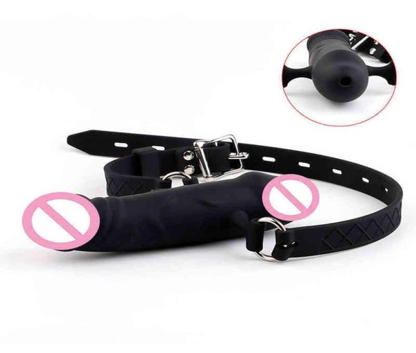 Nxy SM Bondage Bocca Bavaglio Dildo Fissaggio orale Strap on Sex Toys Penis Plug Silicone Doppio attacco Dildo Imbracatura in pelle per coppia 1620407