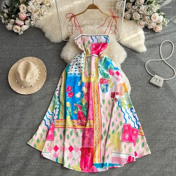 Sıradan Elbiseler Beach Resort Dantel Sutyen Strap Elbise 2023 Yaz Kadın Vintage Boho Gevşek Sıska A-Line Baskı Kadınlar İçin