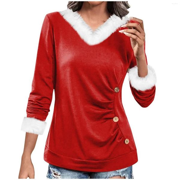 Damen T-Shirts 2023 Weihnachten Damen Party Top Pullover Wintermode V-Ausschnitt Pelz Herbst Lässige gerade dünne Langarm-T-Shirt