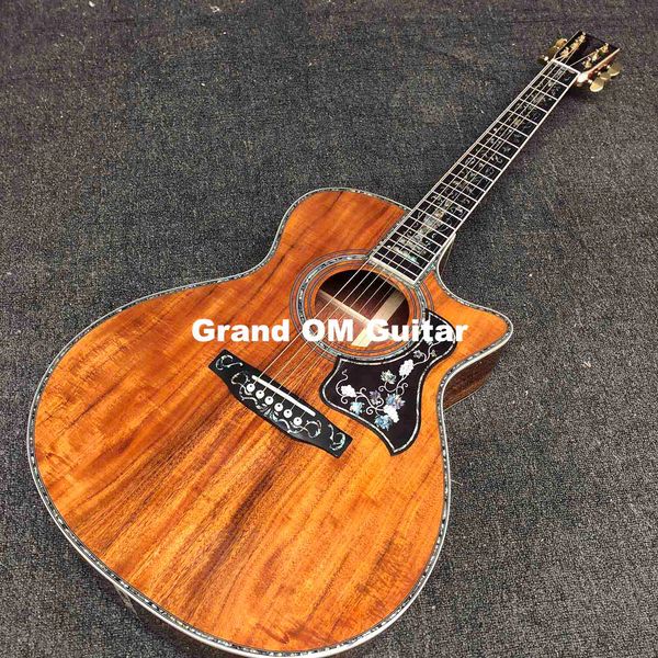 Chitarra elettrica acustica OM in vero abalone cutaway a 6 corde in legno massello di Koa personalizzato con tastiera in ebano, intarsio albero della vita, logo personalizzato accetta OEM