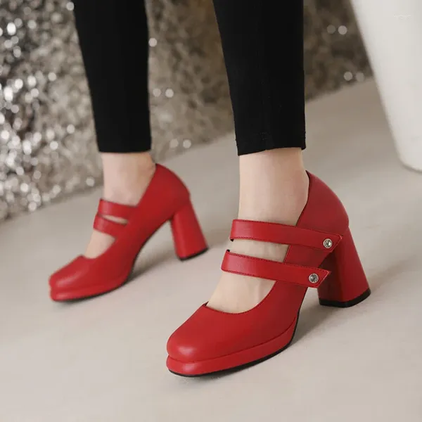 Elbise ayakkabıları artı 35-46 Shose Kadınlar 2023 Moda Lady Meydanı Topuklu Pompalar Çift toka kayışı Lolita Mary Janes Platform Topuklular
