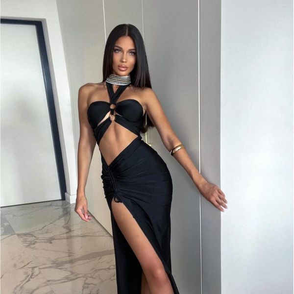 Vestidos de festa encantador preto sereia halter pescoço colheita superior sem mangas alta fenda lateral até o chão plissado vestidos de noite de baile