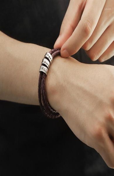 Nomes de família personalizados contas pulseira de couro masculino multicamadas aço inoxidável personalizado envoltório pulseiras para women18503631