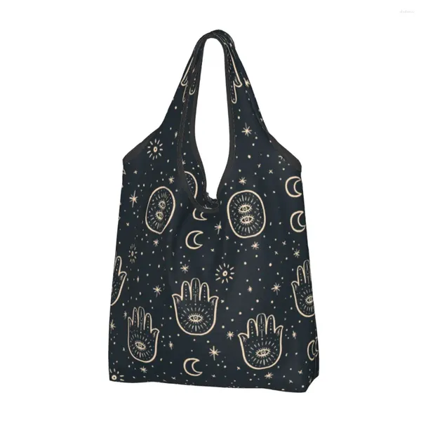 Sacos de compras reutilizáveis Hamsa Hand Bag Mulheres Tote Portátil Amuleto Sun Moon Mercearia Shopper
