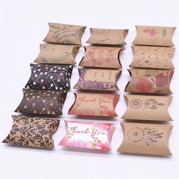 Envoltório de presente 10/20/50 pcs multi-padrões impressos caixas de papel kraft bonito mini travesseiro em forma de sacos de doces para favores de casamento caixa embalagem 310l