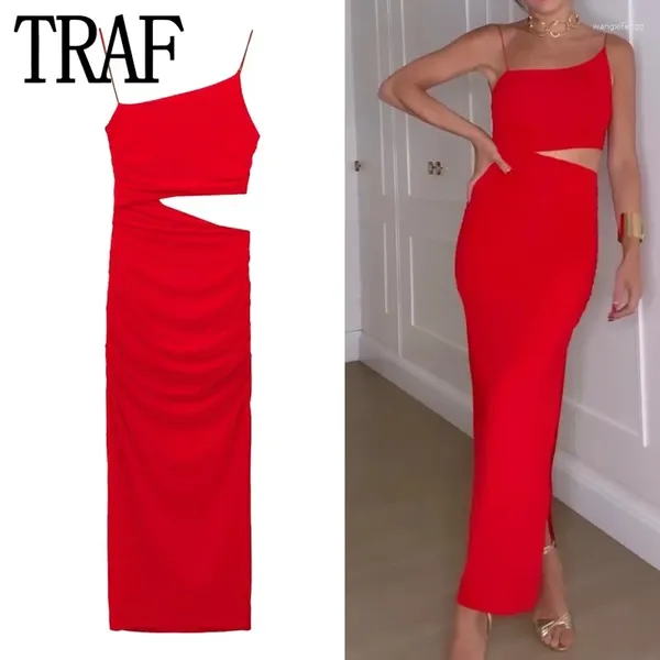 Robes décontractées découpées robe longue rouge femmes asymétrique slip femme froncée fête élégante pour l'été soirée sexy