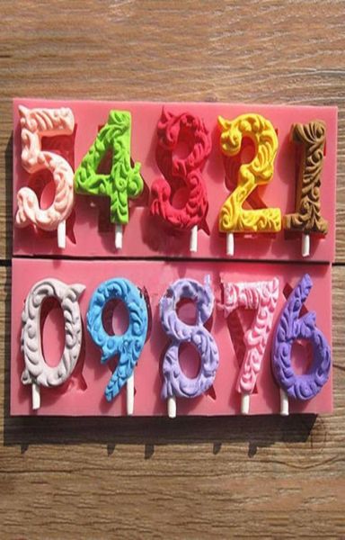 Ferramentas de bolo 09 números molde de pirulito DIY Bakeware Silicone 3D Handmade Sucker Sticks Lolly Candy Chocolate6101187