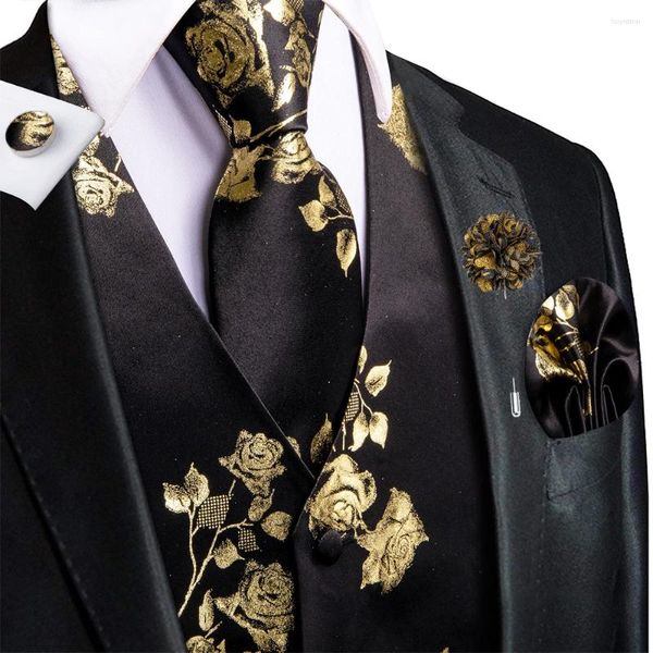 Gilet da uomo Luxury Gold Black Silk Stampa da uomo Gilet jacquard Cravatta Hanky Gemelli Spilla Set per uomo Matrimonio Formale Business Hi-Tie
