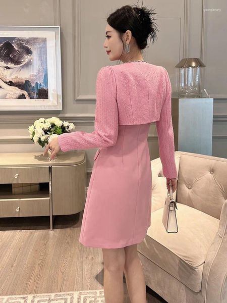 Casual Kleider Herbst Winter Diamanten Kurze Jacke und Tank Kleid Zwei Stück Outfit Elegante Rosa Party Vestido Feminino Büro Arbeit tragen