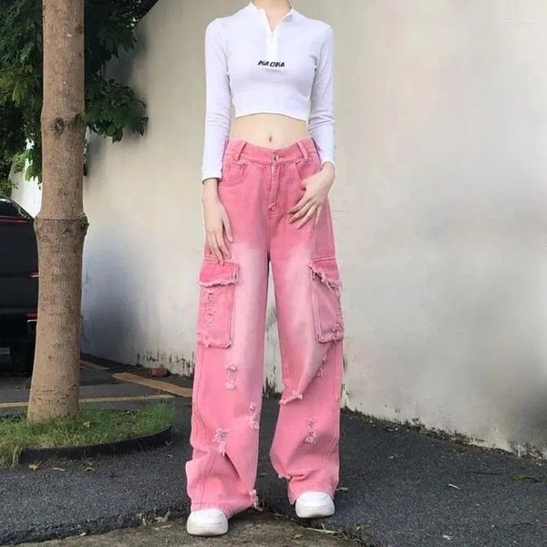 Damen Jeans Ropa Y2K 2000S Rosa Baggy Ripped Cargo Hohe Taille Hosen Für Frauen Kleidung Gerade Koreanische Casual Dame Hip Hop Hosen