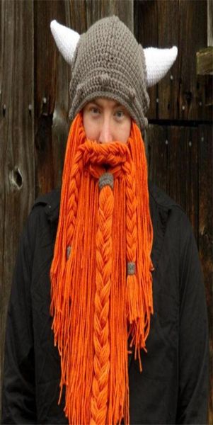 El yapımı komik örme şapkalar kış yün bıyık örgü kapaklar korsan peruk sakal beanies viking boynuz hobo amca wildling yüz maskesi c183457069