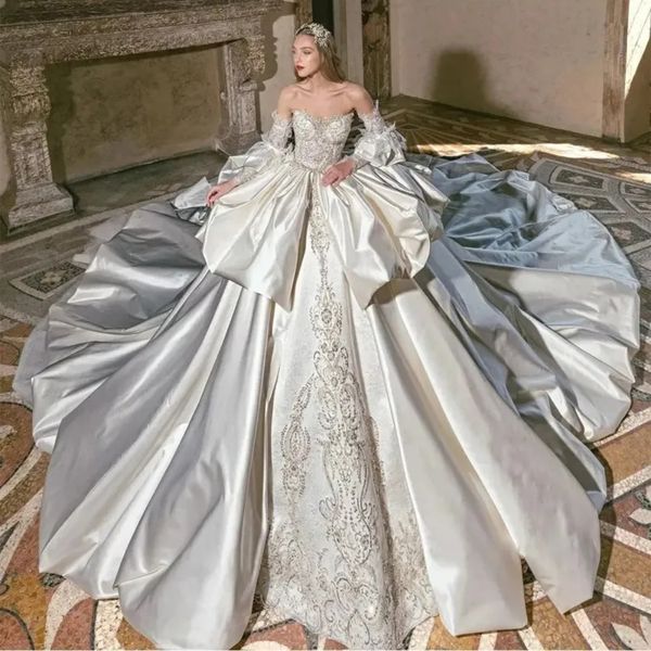 Stunningbride 2024 Immagine reale Abiti da sposa a sirena in pizzo di lusso con spalle scoperte Illusione Sexy Perla Avorio Cristalli Diamanti Abiti da sposa