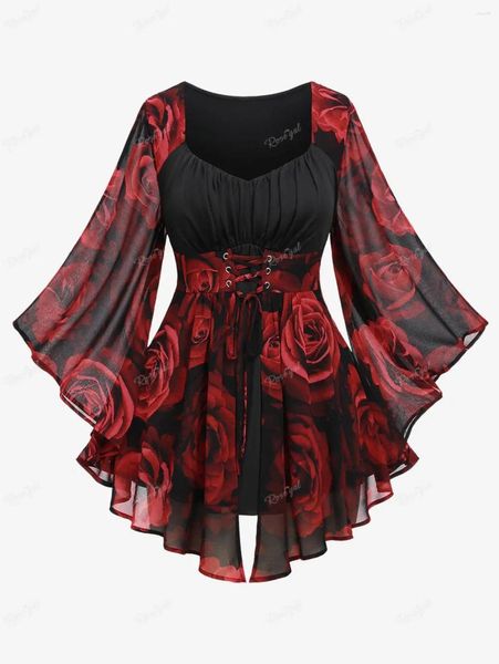 Damen-T-Shirts ROSEGAL Plus Size Lace Up Floral Chiffon T-Shirt 2023 Deep Red Sweetheart Neck Butterfly Sleeve Bluse Tops