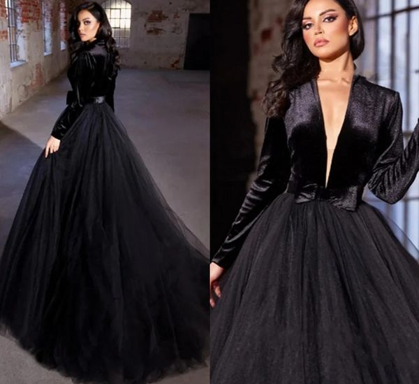 2024 elegante A-linie Schwarz Abendkleid V-ausschnitt Mit Langen Ärmeln Top Samt Formale Prom Party Kleider Schwarz Weiß Robe de Soriee