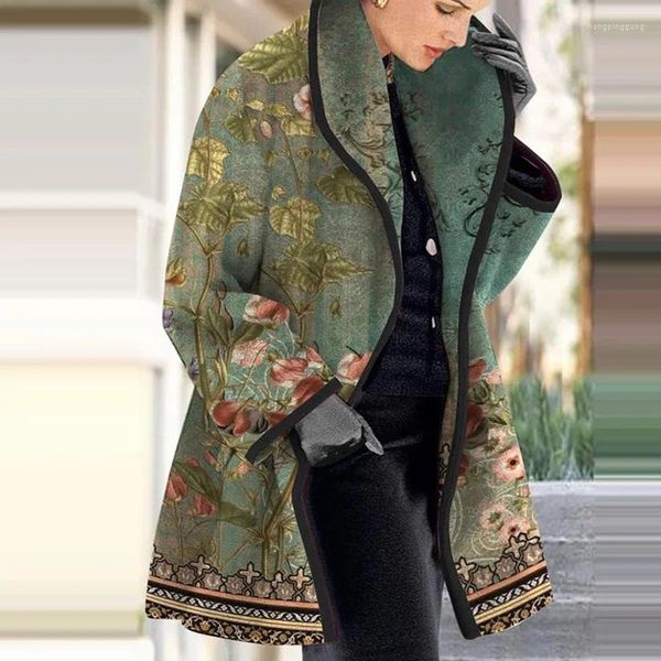 Giacche da donna Moda femminile stampato risvolto Giacca invernale calda Autunno Donna Cappotti di lana pesante 2024 Lady Casual Button Cardigan Top Capispalla
