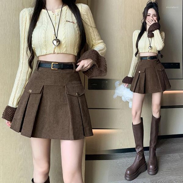 Saias vintage veludo plissado mini saia mulheres outono inverno estilo preppy cinto de cintura alta magro uma linha curta streetwear faldas