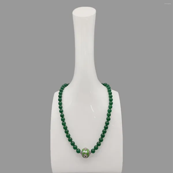 Pingentes FoLisaUnique 8mm Verde Jade Colar Para Mulheres Antiga Bola De Prata Esmalte Bead Cura Pedra Gargantilha Na Moda Jóias 18