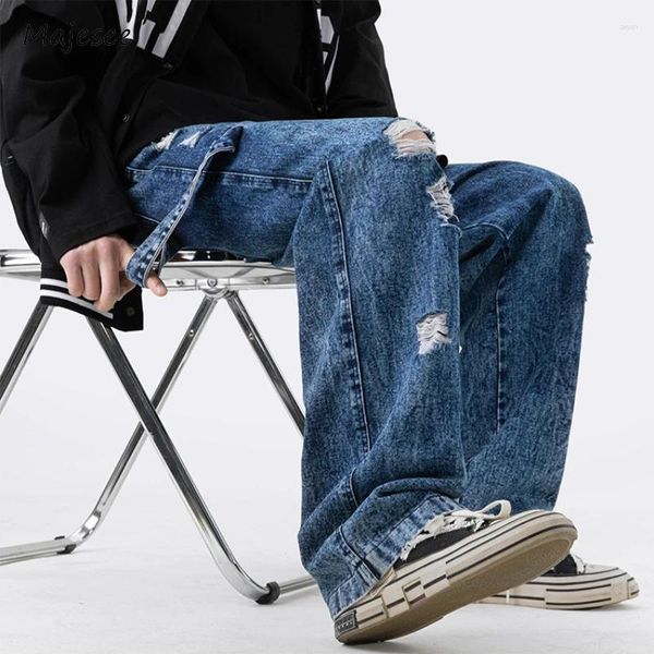 Jeans masculinos homens americano retro buraco all-match baggy comprimento total high street moda harajuku lavado outono denim calças chiques