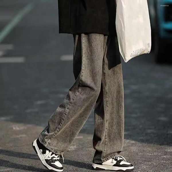 Jeans masculinos homens denim calças soltas streetwear perna larga com desenho floral bordado cintura elástica para moda