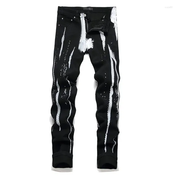 Jeans da uomo Mckkny Pantaloni casual stampati con graffiti da uomo Pantaloni stretch in denim hip-hop nero patchwork