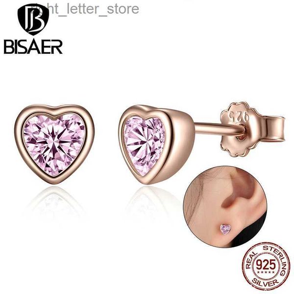 Серьги-гвоздики BISAER в форме сердца, стерлингового серебра 925 пробы, серьги с розовым кристаллом и цирконом для женщин, вечерние, свадебные, 2022, тенденции, ювелирные изделия YQ231211