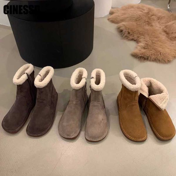 Flock Schnee Stiefel Frauen Ankle Boot Neue Winter Warme Damen Casual Wohnungen Weibliche Schuhe Zipper Kurze Plüsch Solide Nähen Kurze