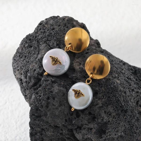 Baumeln Ohrringe 2023 Stil Lichtecht Biene Natürliche Perle Tier Anhänger Mode Damen Edelstahl Schmuck Großhandel