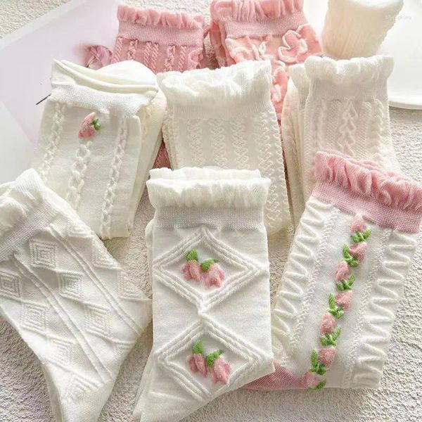 Женские носки 5 пары симпатичных харуку лолиты белые женские набор весна и летняя кружево хлопок розовый стиль с оборками