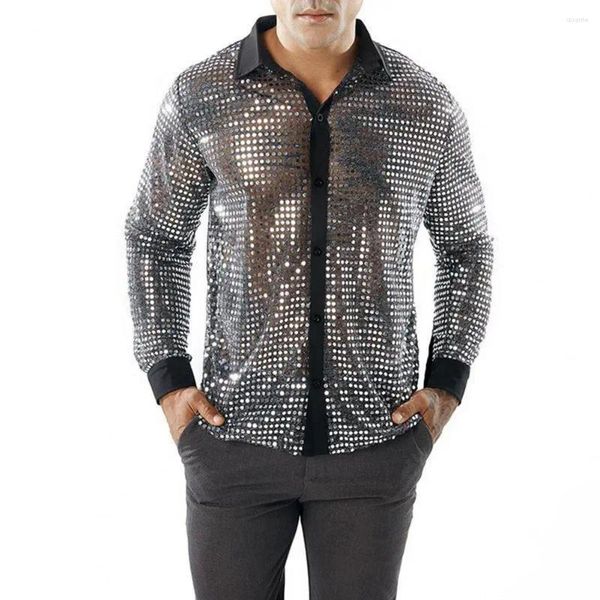 Homens Casuais Camisas Homens Camisa Vintage 70s Lante Lapela Disco Party com Slim Fit Brilhante Acabamento Brilhante para Desempenho de Clube