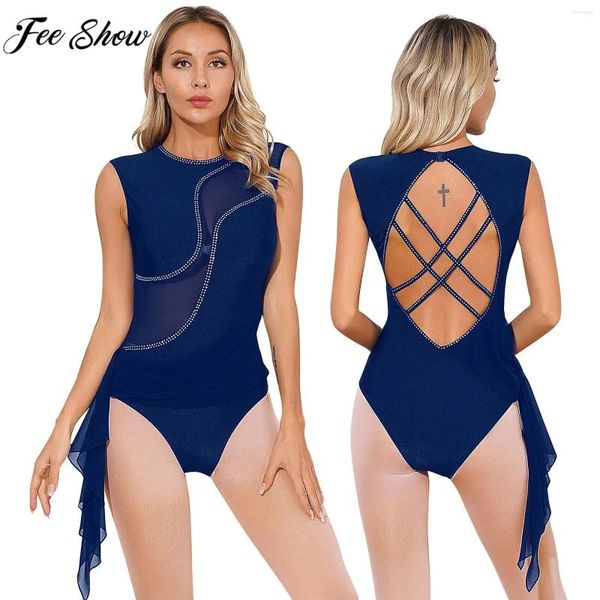 Abbigliamento da palcoscenico Donna Pattinaggio di figura Costume Balletto Ginnastica Acrobazie Danza lirica Body senza maniche Strass lucidi Tuta a rete trasparente