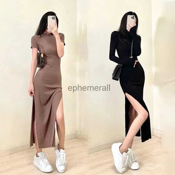 Vestidos casuais básicos vintage em torno do pescoço magro corpo fenda fishtail vestido mulher sexy casual urbano midi preto envoltório vestido de manga longa robe longue femme yq231211